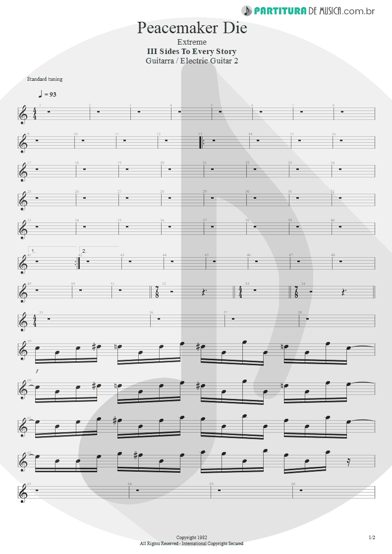 Partitura de musica de Guitarra Elétrica - Peacemaker Die | Extreme | III Sides to Every Story 1982 - pag 1