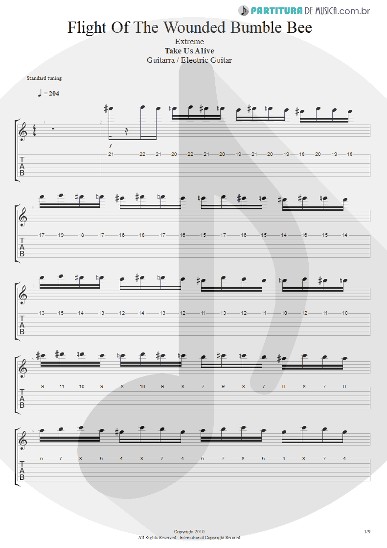 Tablatura + Partitura de musica de Guitarra Elétrica - Flight Of The Wounded Bumble Bee | Extreme | Take Us Alive 2010 - pag 1