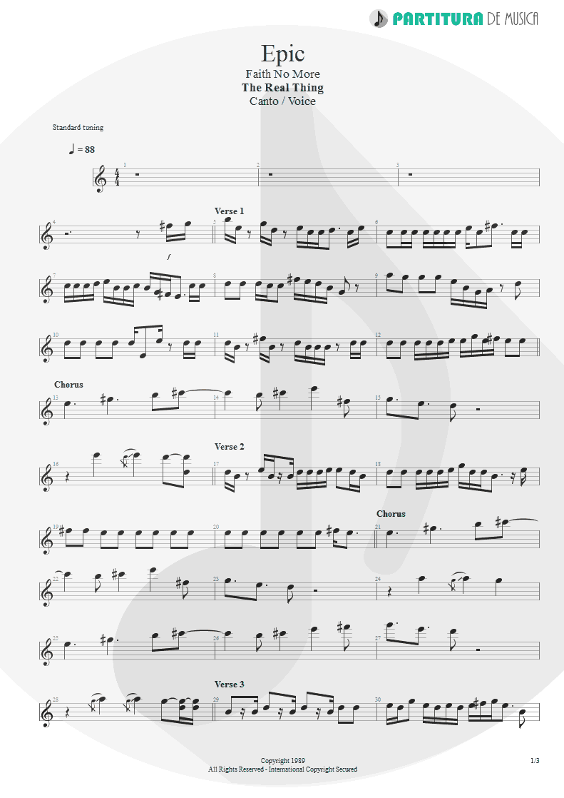 Partitura de musica de Canto - Epic | Faith No More | The Real Thing 1989 - pag 1