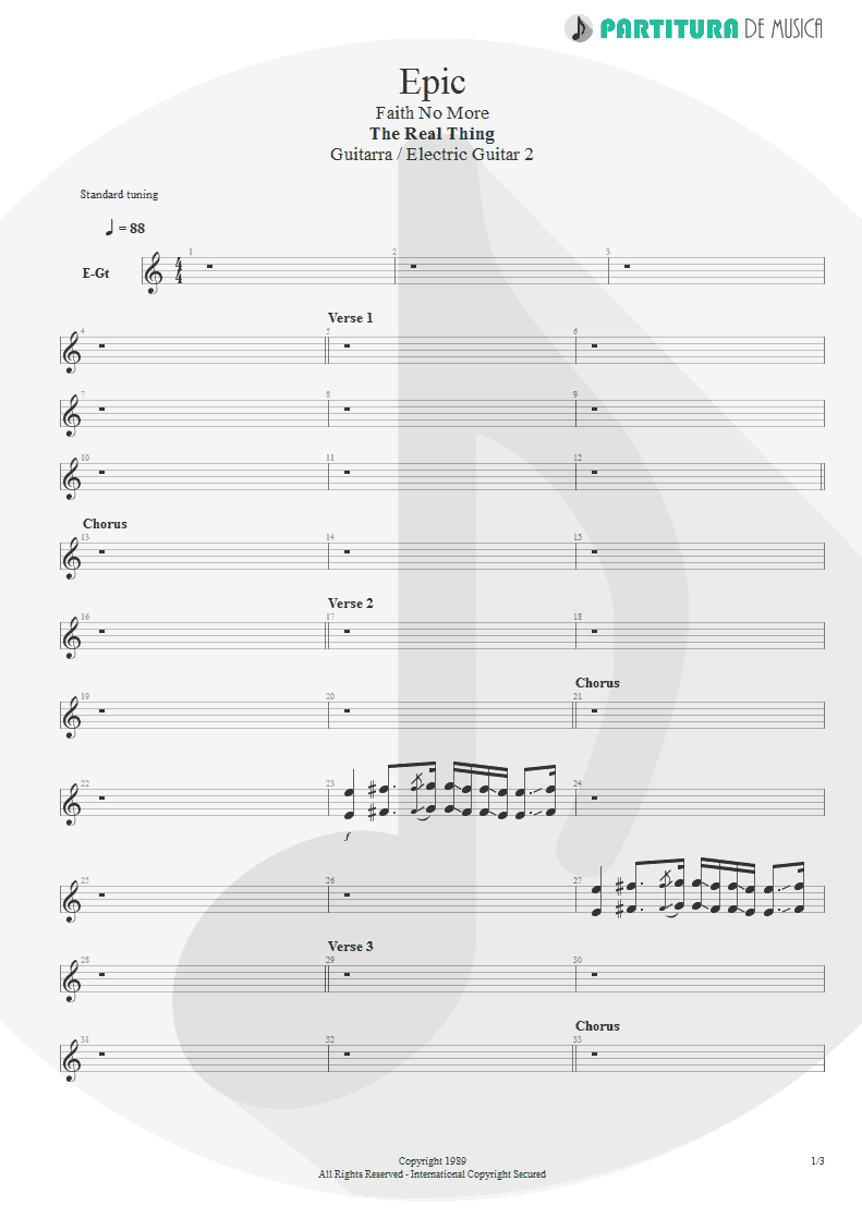 Partitura de musica de Guitarra Elétrica - Epic | Faith No More | The Real Thing 1989 - pag 1