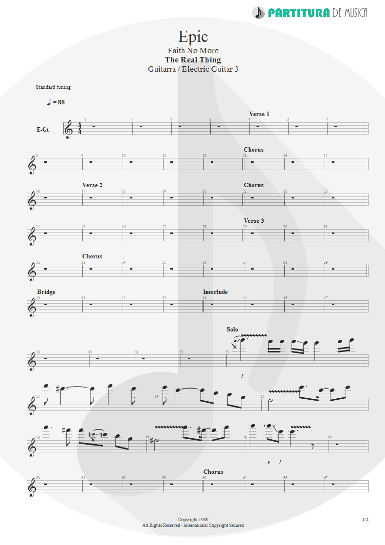 Partitura de musica de Guitarra Elétrica - Epic | Faith No More | The Real Thing 1989 - pag 1