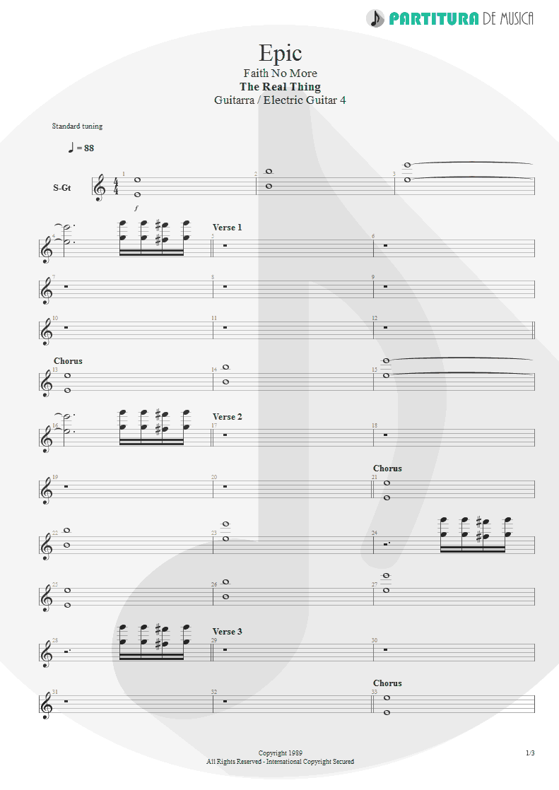 Partitura de musica de Guitarra Elétrica - Epic | Faith No More | The Real Thing 1989 - pag 1