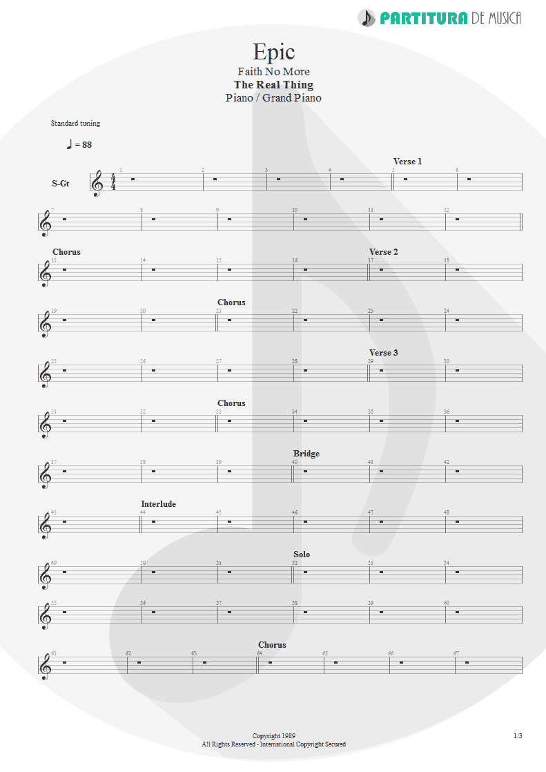 Partitura de musica de Piano - Epic | Faith No More | The Real Thing 1989 - pag 1