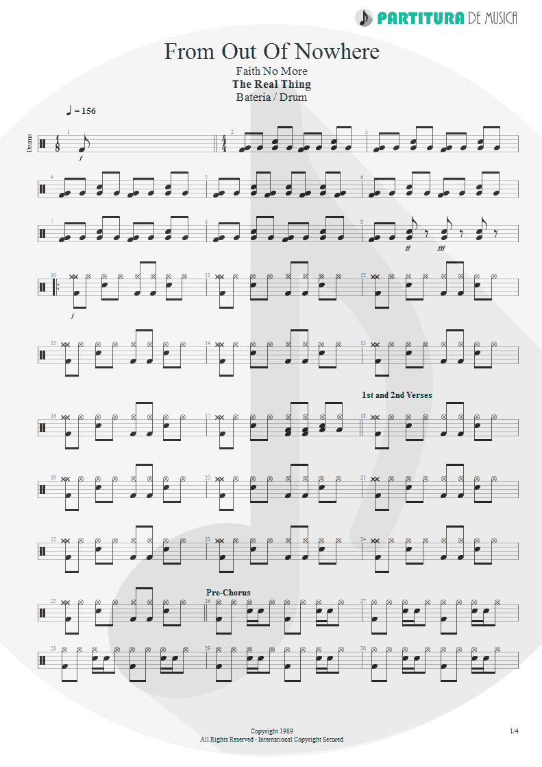 Partitura de musica de Bateria - From Out Of Nowhere | Faith No More | The Real Thing 1989 - pag 1