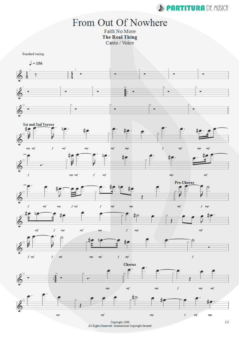Partitura de musica de Canto - From Out Of Nowhere | Faith No More | The Real Thing 1989 - pag 1