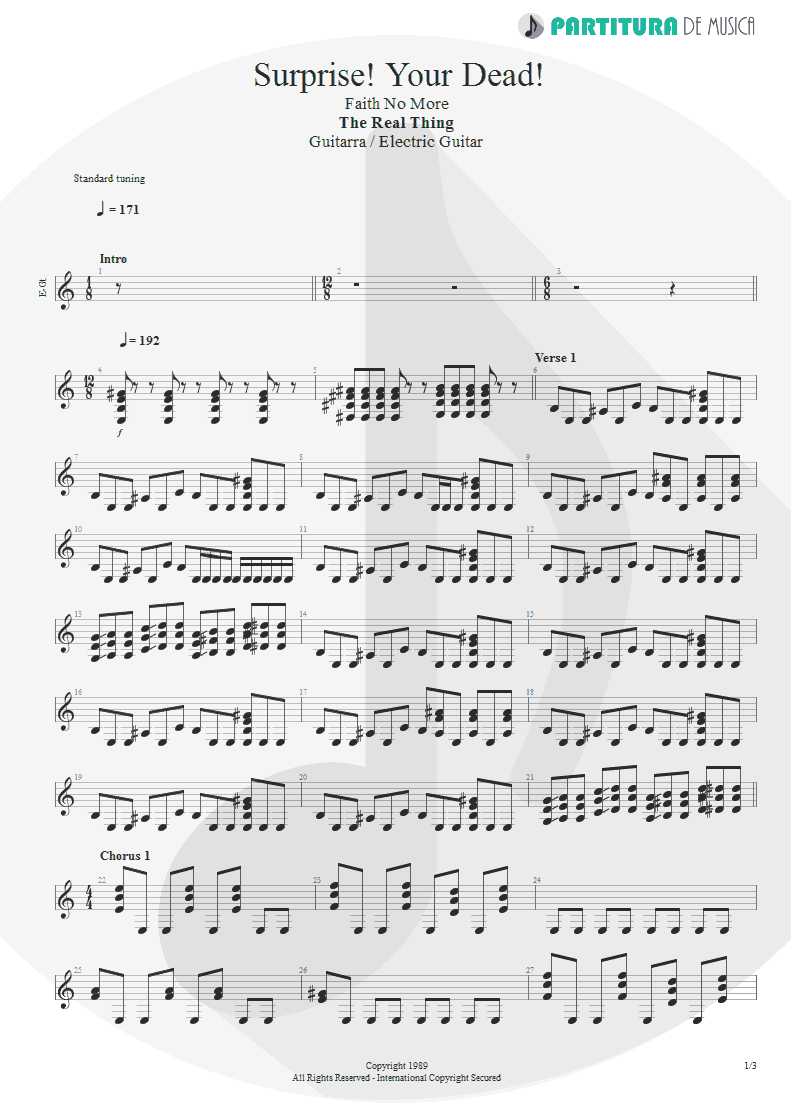 Partitura de musica de Guitarra Elétrica - Surprise! Your Dead! | Faith No More | The Real Thing 1989 - pag 1
