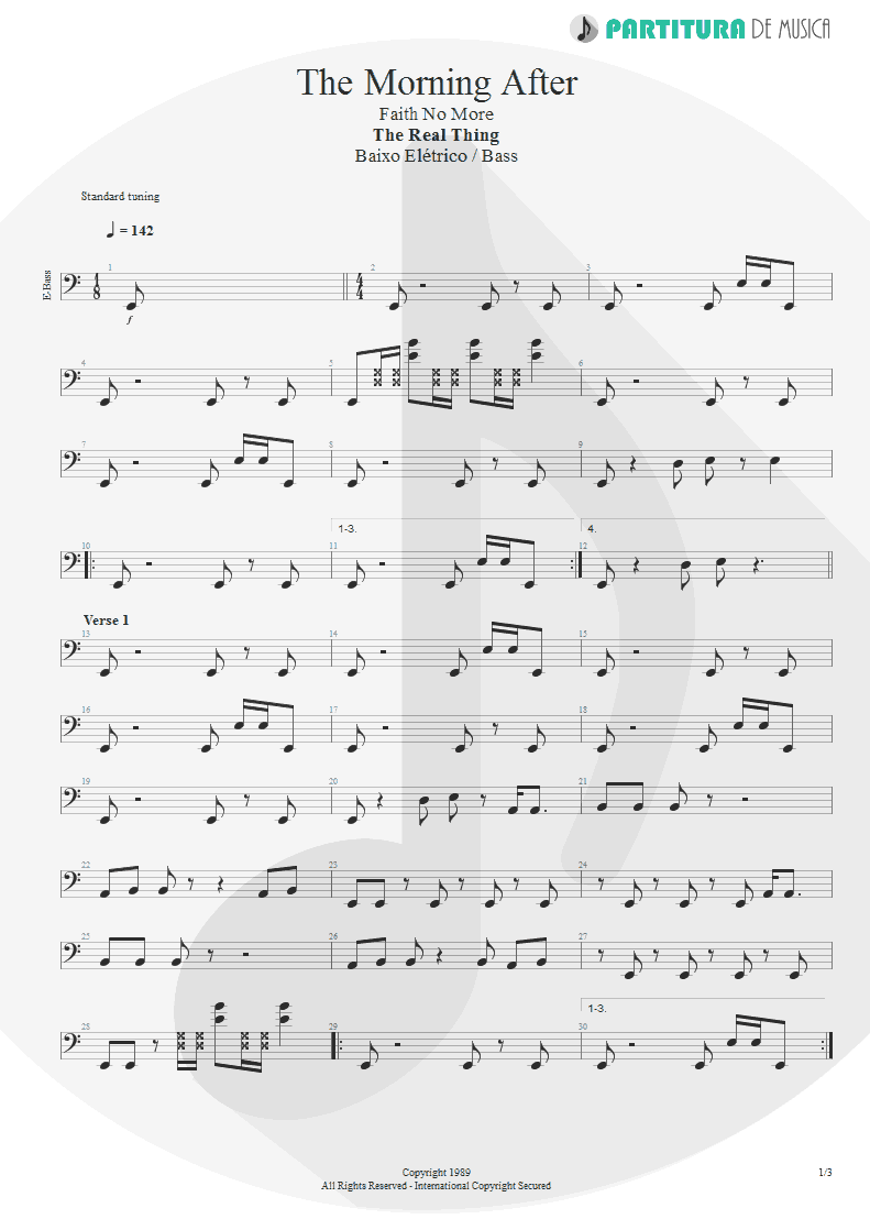 Partitura de musica de Baixo Elétrico - The Morning After | Faith No More | The Real Thing 1989 - pag 1