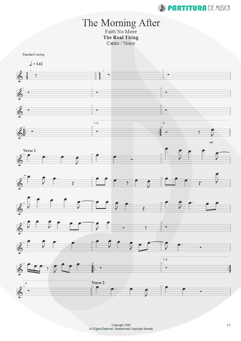 Partitura de musica de Canto - The Morning After | Faith No More | The Real Thing 1989 - pag 1