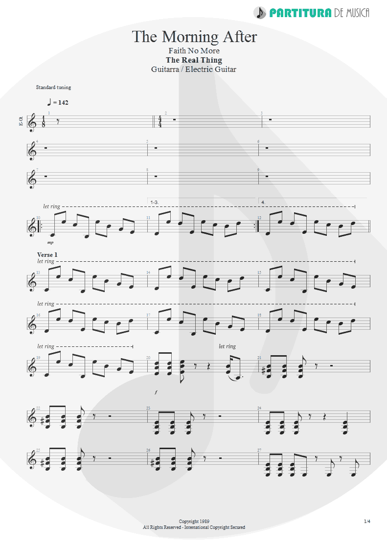 Partitura de musica de Guitarra Elétrica - The Morning After | Faith No More | The Real Thing 1989 - pag 1