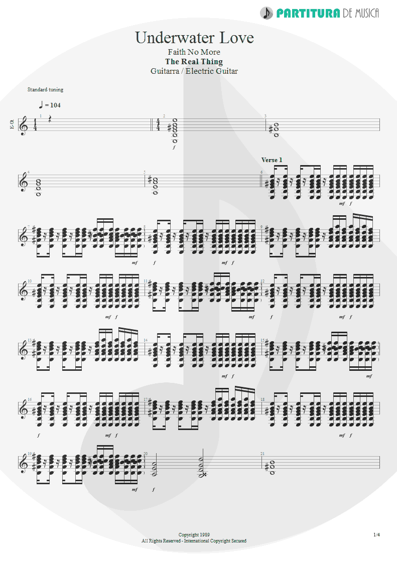 Partitura de musica de Guitarra Elétrica - Underwater Love | Faith No More | The Real Thing 1989 - pag 1