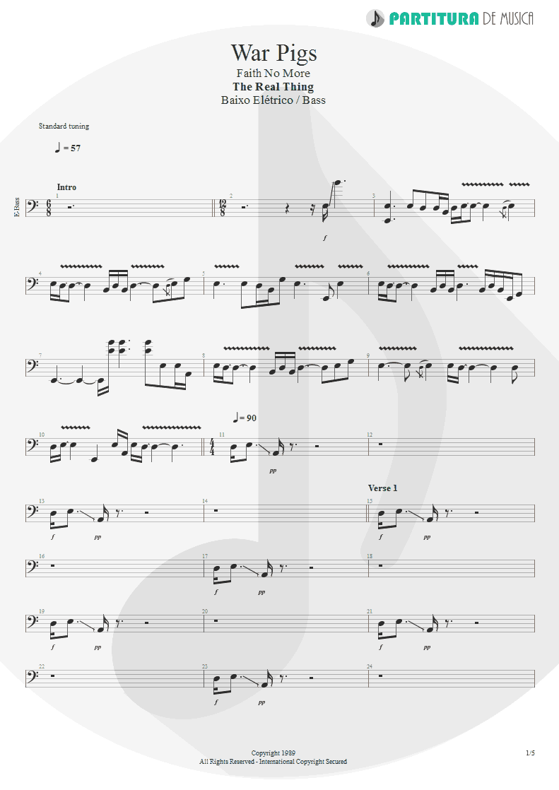 Partitura de musica de Baixo Elétrico - War Pigs | Faith No More | The Real Thing 1989 - pag 1