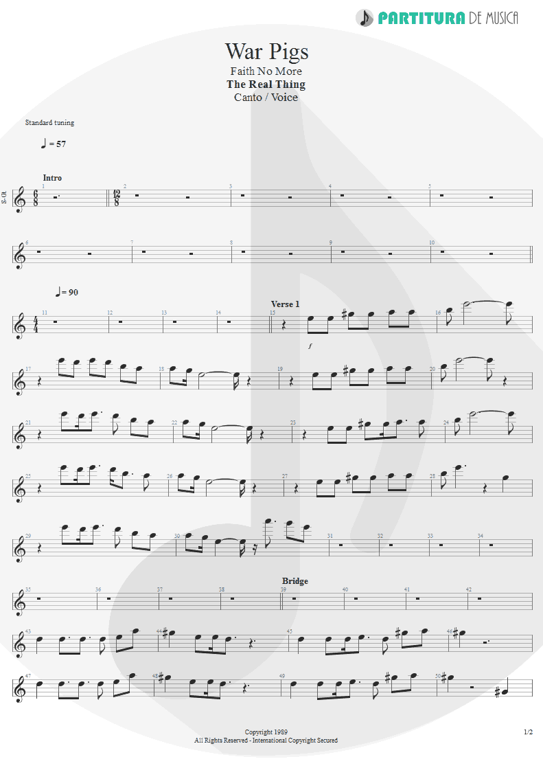 Partitura de musica de Canto - War Pigs | Faith No More | The Real Thing 1989 - pag 1