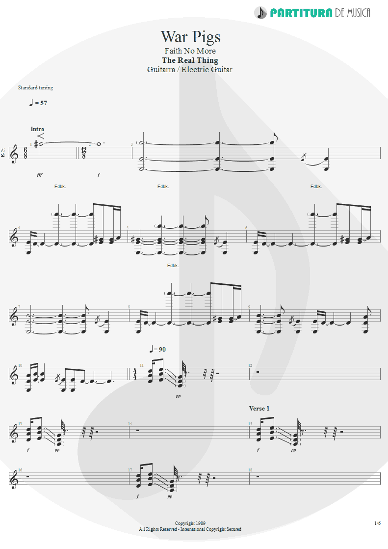 Partitura de musica de Guitarra Elétrica - War Pigs | Faith No More | The Real Thing 1989 - pag 1