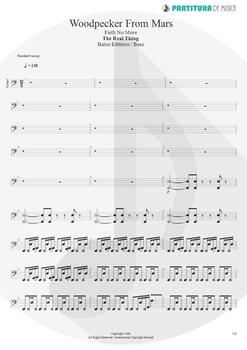 Partitura de musica de Baixo Elétrico - Woodpecker From Mars | Faith No More | The Real Thing 1989 - pag 1