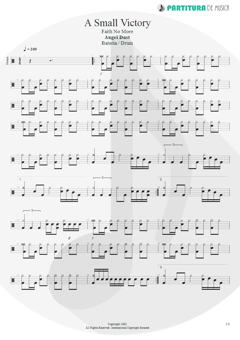 Partitura de musica de Bateria - A Small Victory | Faith No More | Angel Dust 1992 - pag 1