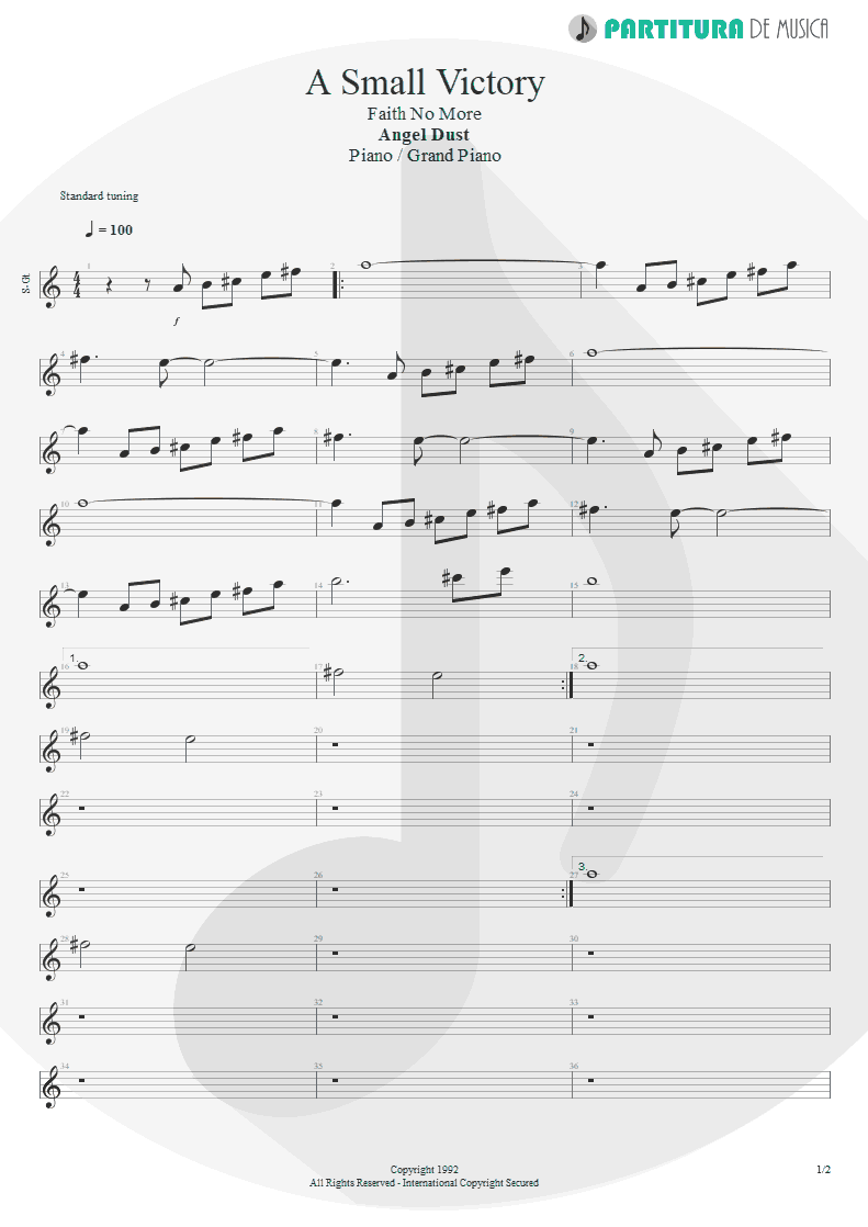 Partitura de musica de Piano - A Small Victory | Faith No More | Angel Dust 1992 - pag 1