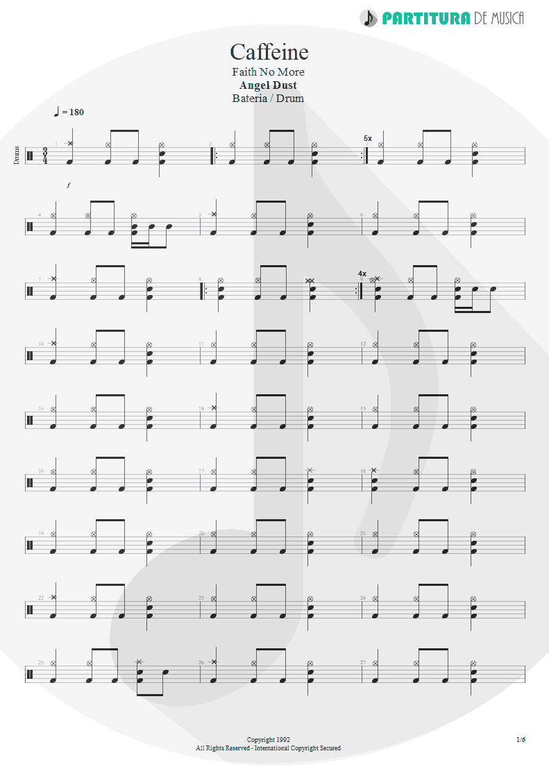 Partitura de musica de Bateria - Caffeine | Faith No More | Angel Dust 1992 - pag 1