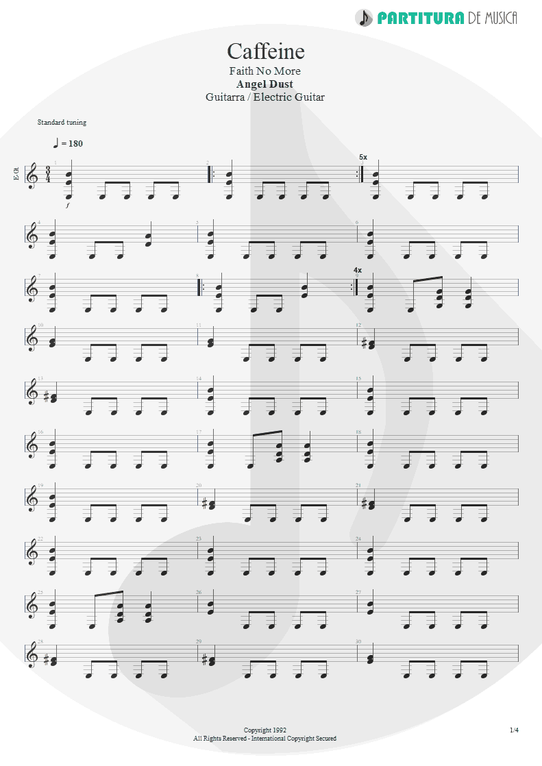 Partitura de musica de Guitarra Elétrica - Caffeine | Faith No More | Angel Dust 1992 - pag 1