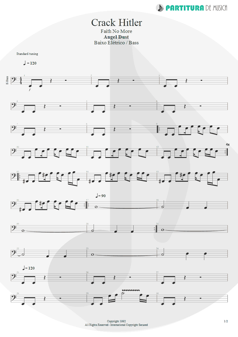 Partitura de musica de Baixo Elétrico - Crack Hitler | Faith No More | Angel Dust 1992 - pag 1