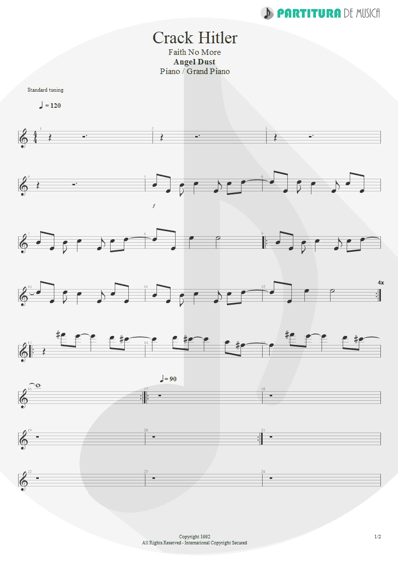 Partitura de musica de Piano - Crack Hitler | Faith No More | Angel Dust 1992 - pag 1
