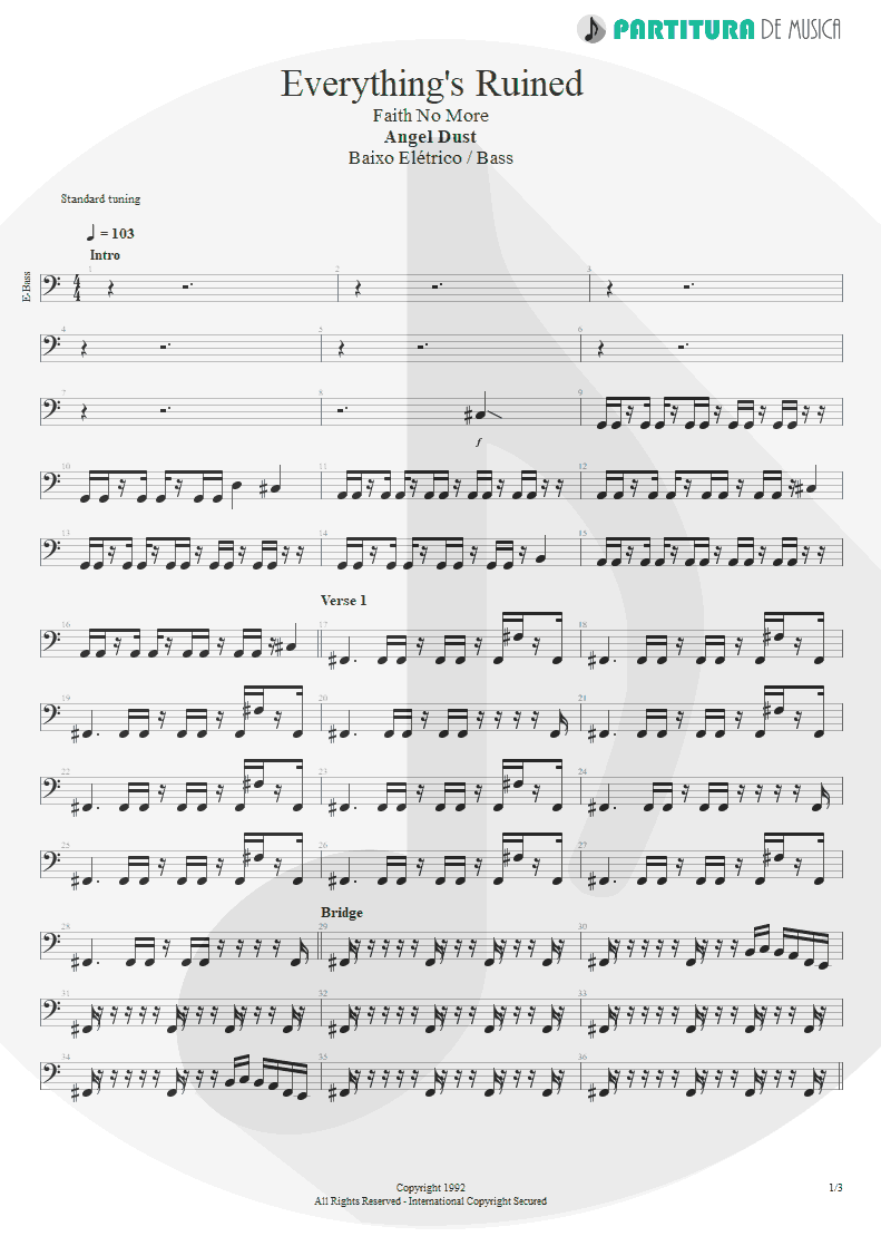 Partitura de musica de Baixo Elétrico - Everything's Ruined | Faith No More | Angel Dust 1992 - pag 1