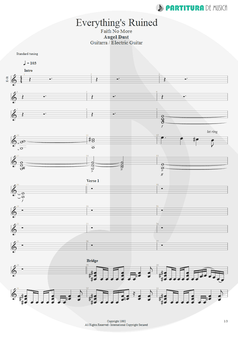 Partitura de musica de Guitarra Elétrica - Everything's Ruined | Faith No More | Angel Dust 1992 - pag 1