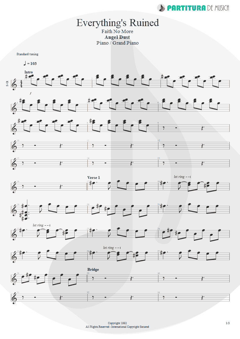 Partitura de musica de Piano - Everything's Ruined | Faith No More | Angel Dust 1992 - pag 1