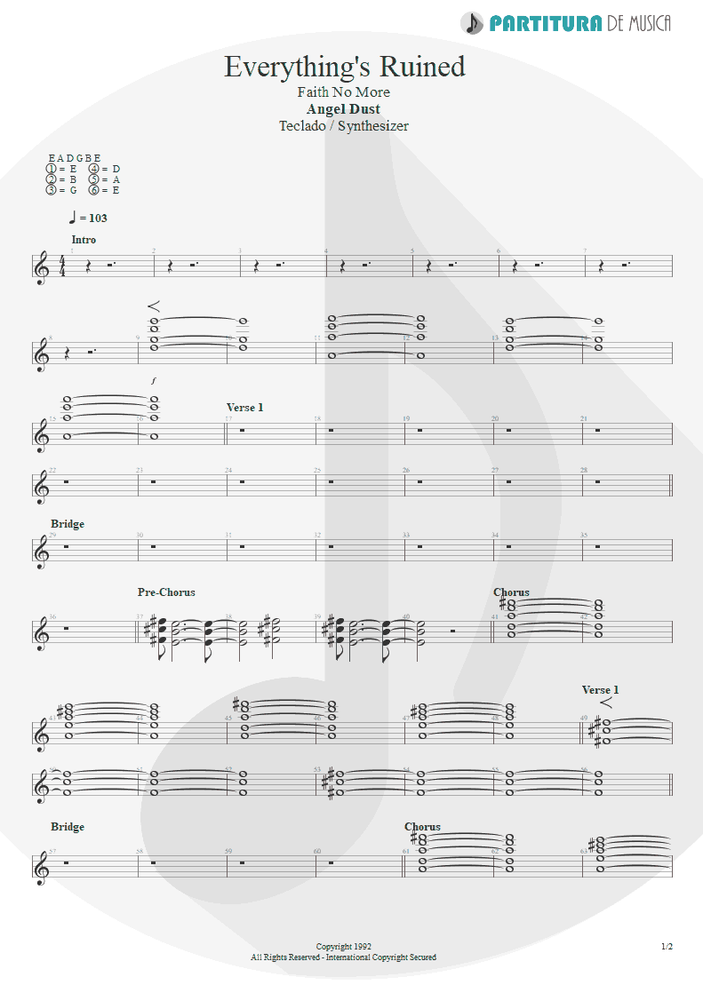 Partitura de musica de Teclado - Everything's Ruined | Faith No More | Angel Dust 1992 - pag 1