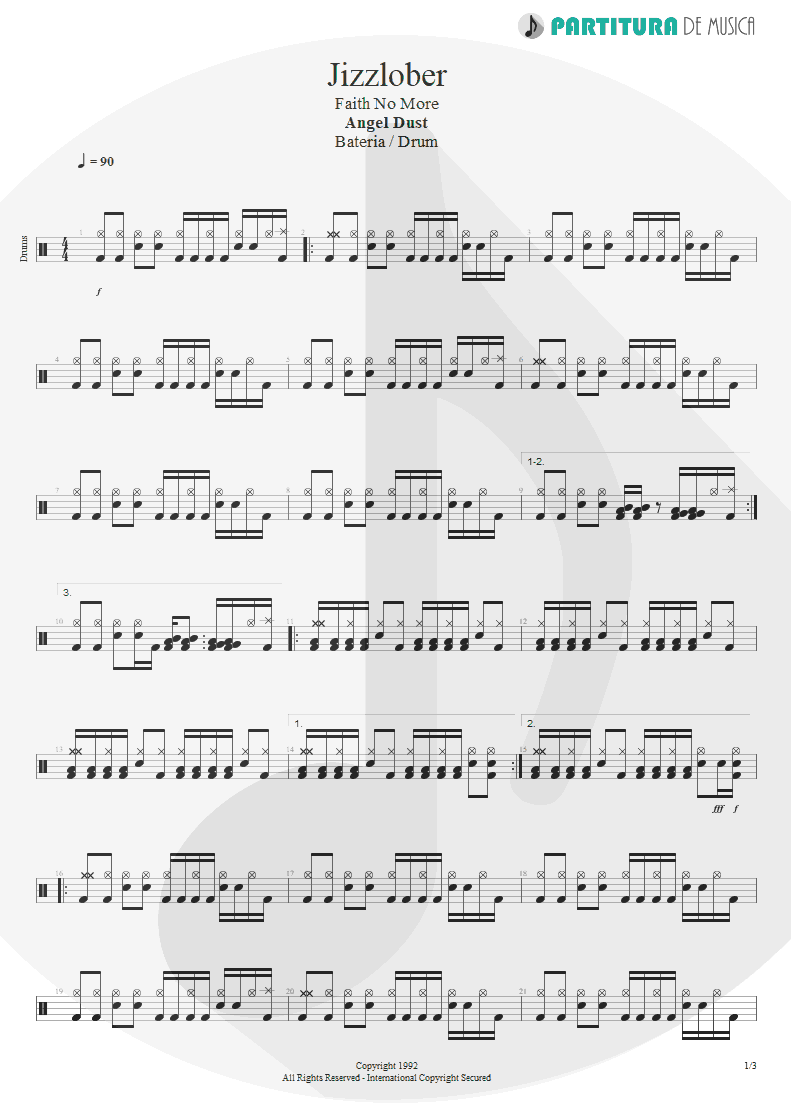 Partitura de musica de Bateria - Jizzlobber | Faith No More | Angel Dust 1992 - pag 1