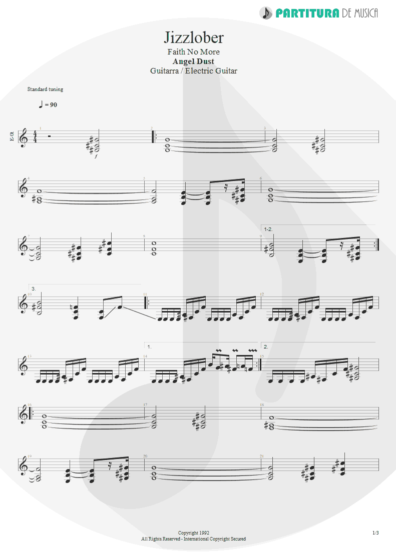 Partitura de musica de Guitarra Elétrica - Jizzlobber | Faith No More | Angel Dust 1992 - pag 1