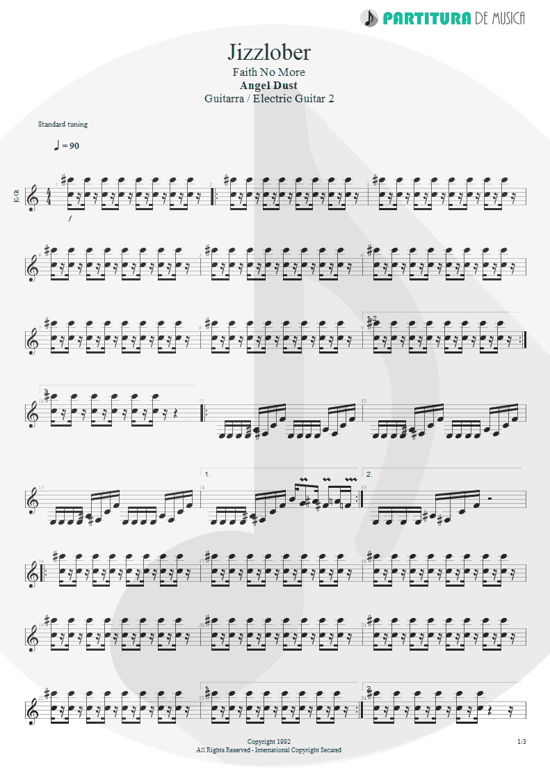 Partitura de musica de Guitarra Elétrica - Jizzlobber | Faith No More | Angel Dust 1992 - pag 1