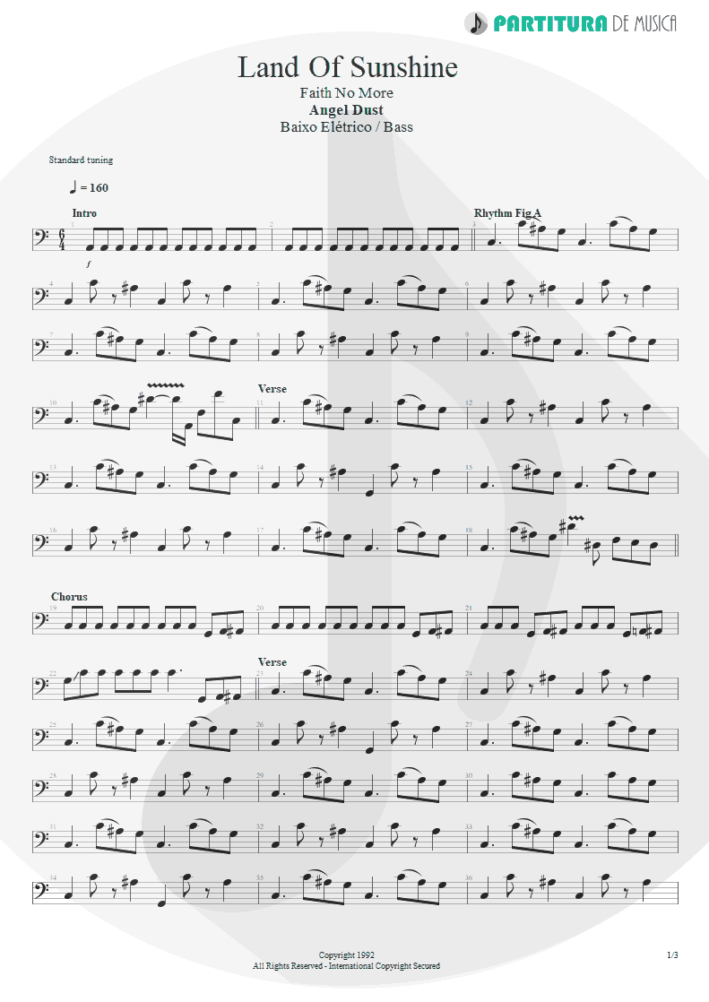 Partitura de musica de Baixo Elétrico - Land Of Sunshine | Faith No More | Angel Dust 1992 - pag 1