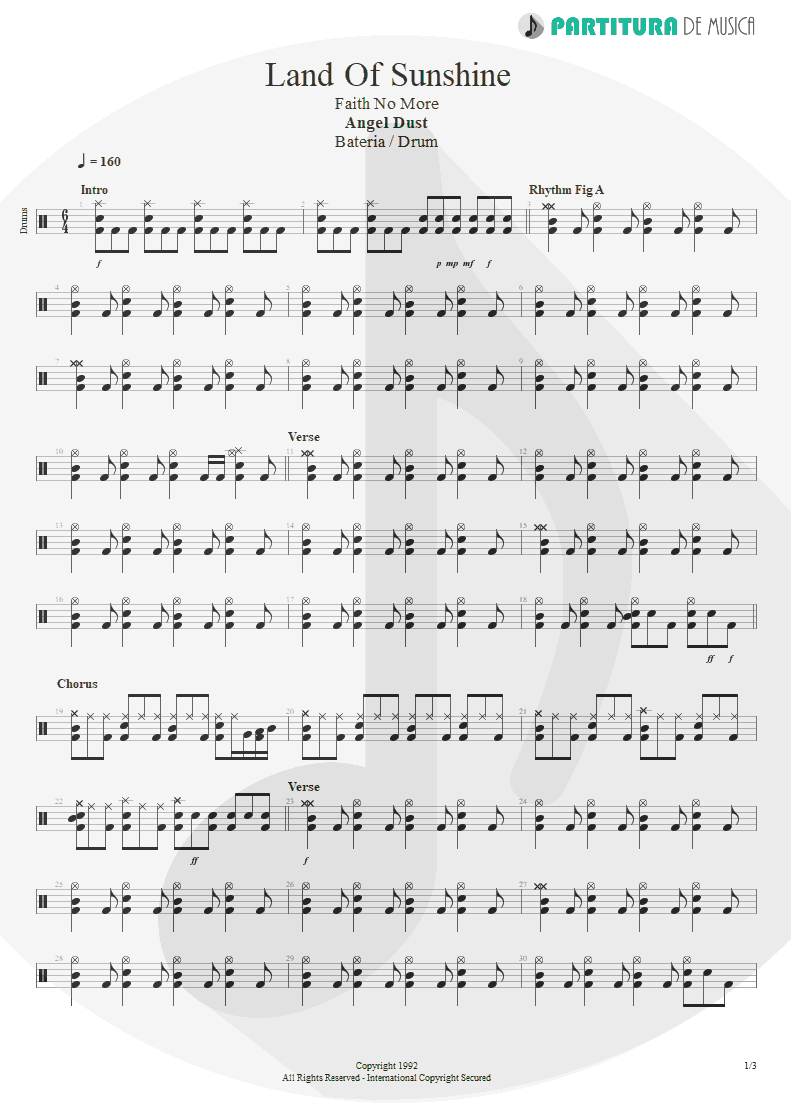 Partitura de musica de Bateria - Land Of Sunshine | Faith No More | Angel Dust 1992 - pag 1