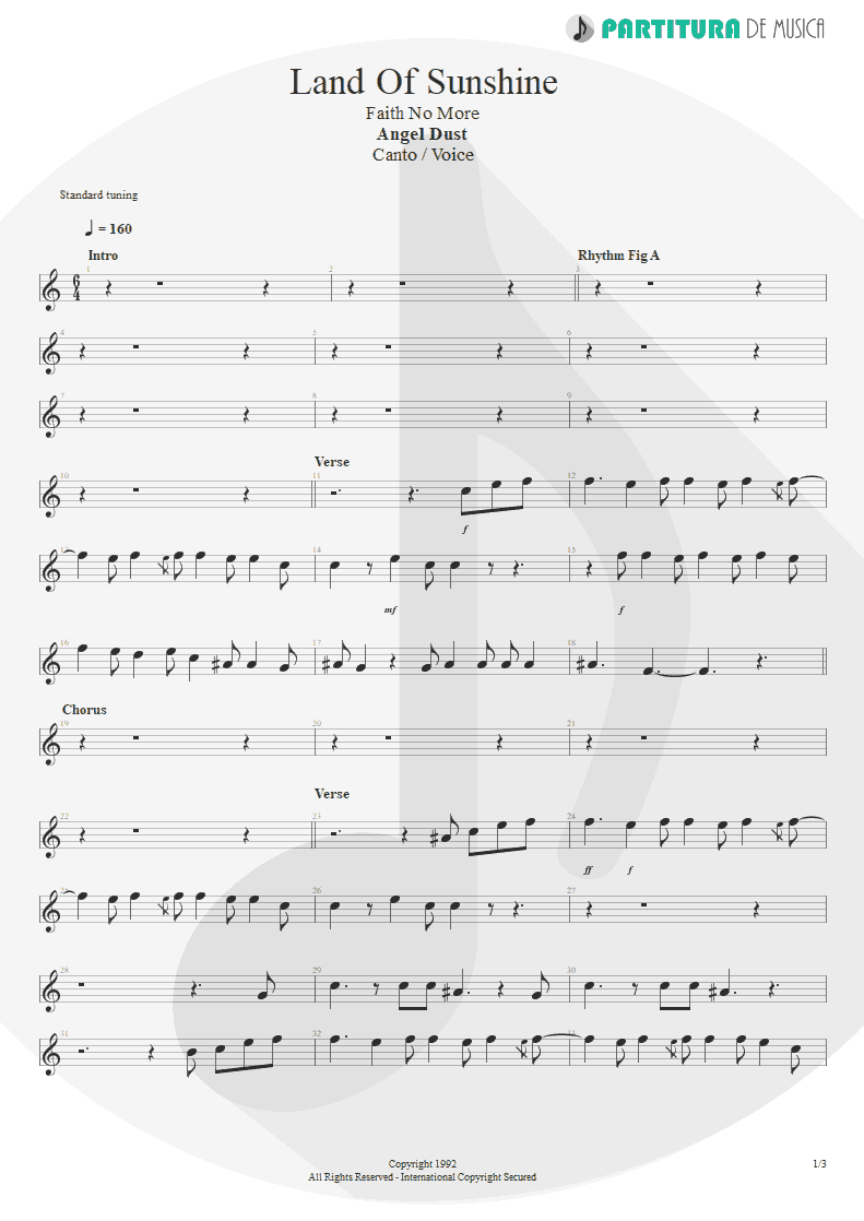 Partitura de musica de Canto - Land Of Sunshine | Faith No More | Angel Dust 1992 - pag 1