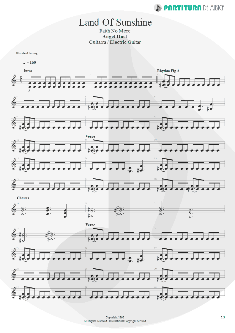 Partitura de musica de Guitarra Elétrica - Land Of Sunshine | Faith No More | Angel Dust 1992 - pag 1