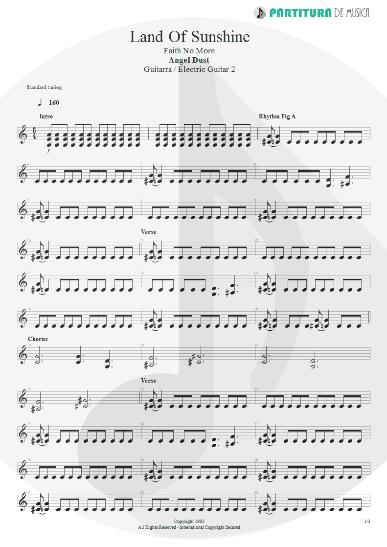 Partitura de musica de Guitarra Elétrica - Land Of Sunshine | Faith No More | Angel Dust 1992 - pag 1