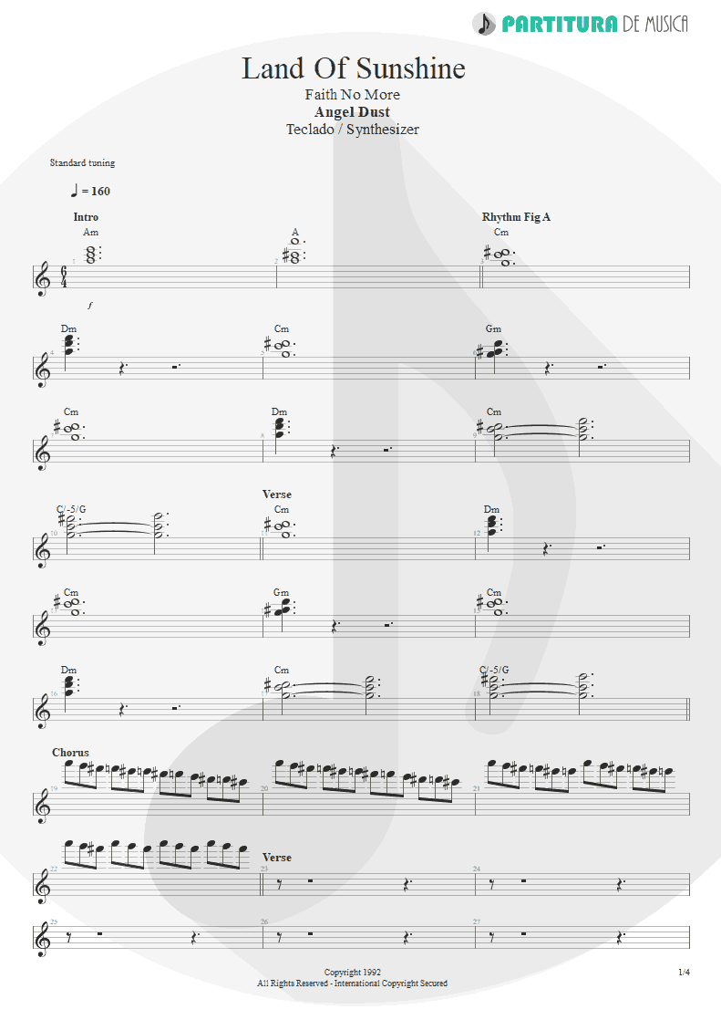 Partitura de musica de Teclado - Land Of Sunshine | Faith No More | Angel Dust 1992 - pag 1