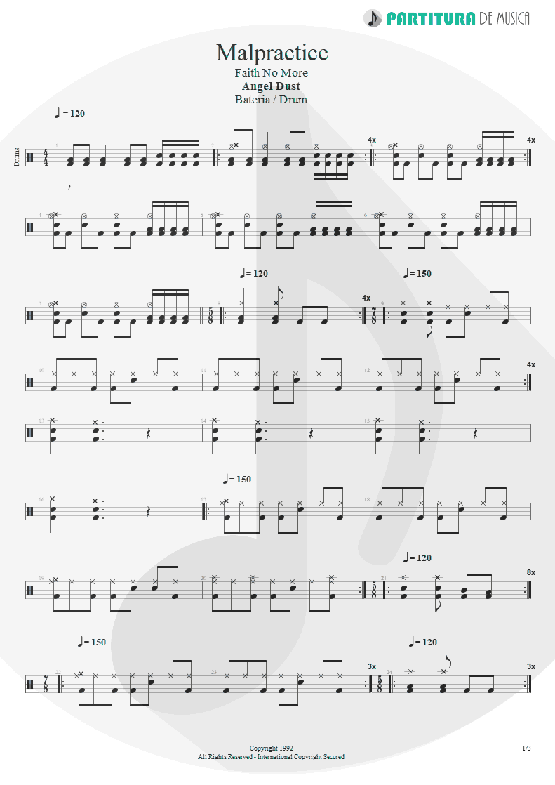 Partitura de musica de Bateria - Malpractice | Faith No More | Angel Dust 1992 - pag 1