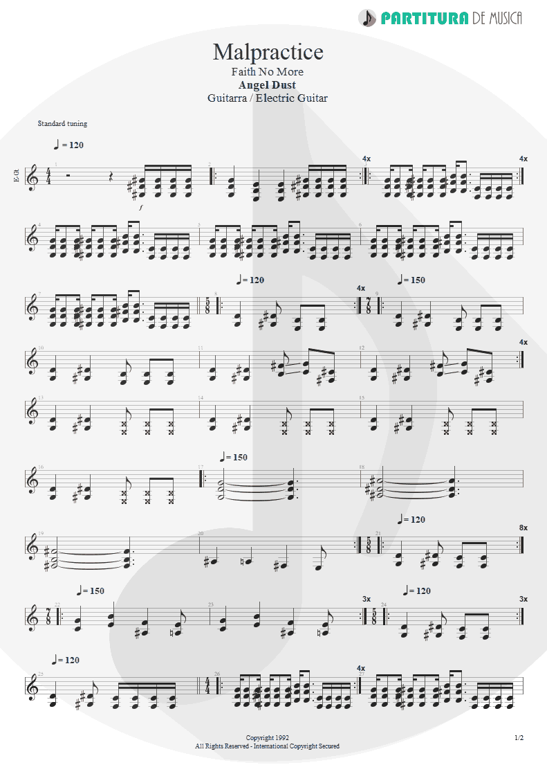 Partitura de musica de Guitarra Elétrica - Malpractice | Faith No More | Angel Dust 1992 - pag 1