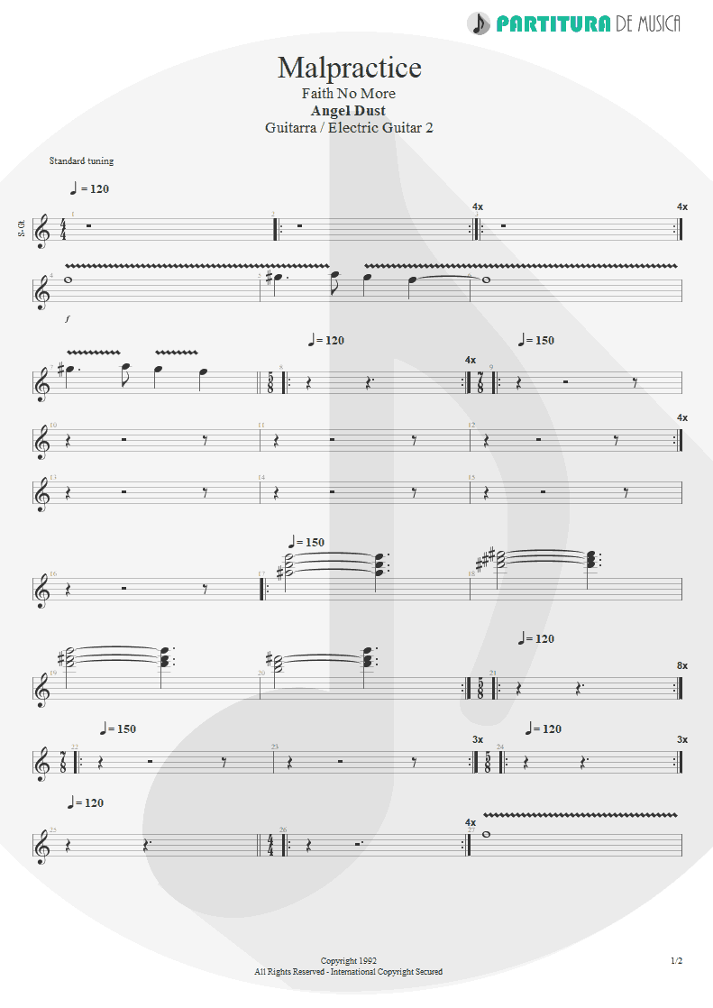 Partitura de musica de Guitarra Elétrica - Malpractice | Faith No More | Angel Dust 1992 - pag 1