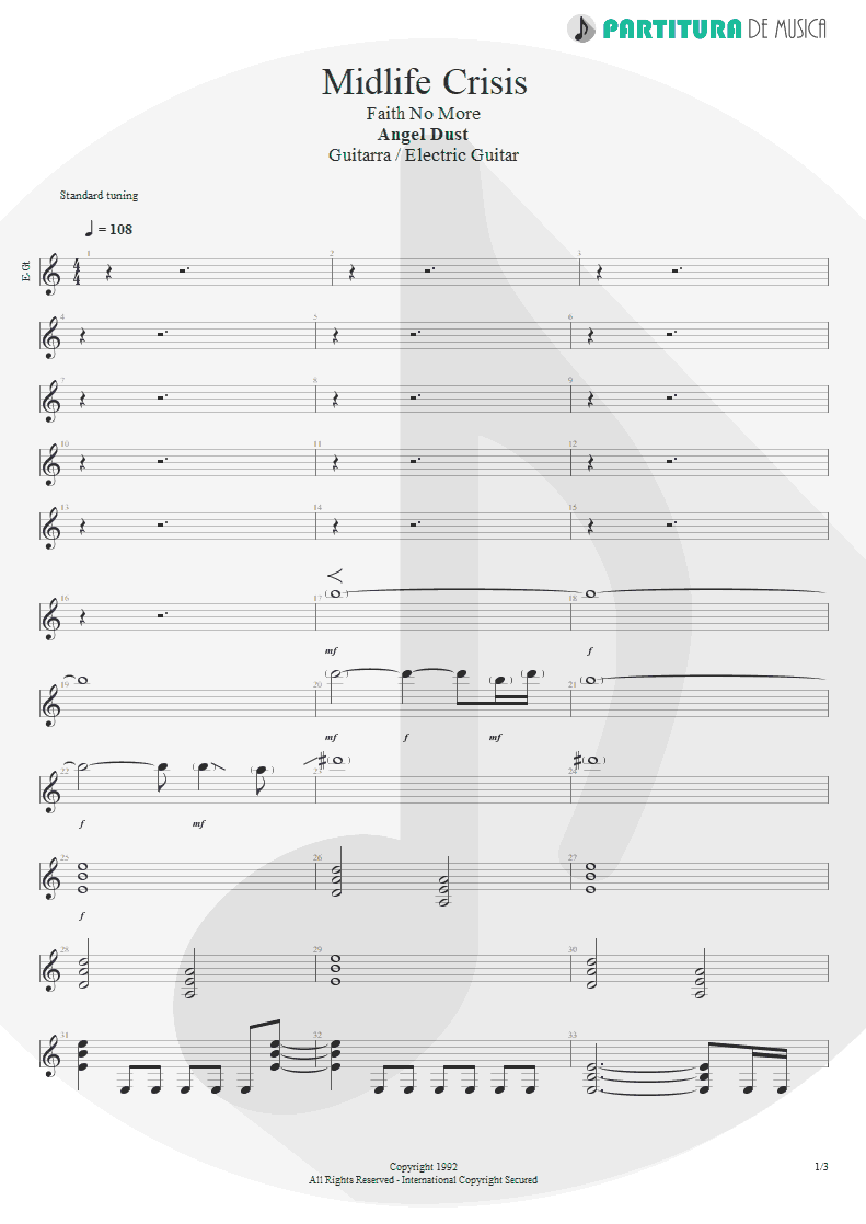 Partitura de musica de Guitarra Elétrica - Midlife Crisis | Faith No More | Angel Dust 1992 - pag 1