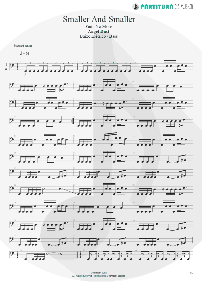 Partitura de musica de Baixo Elétrico - Smaller And Smaller | Faith No More | Angel Dust 1992 - pag 1