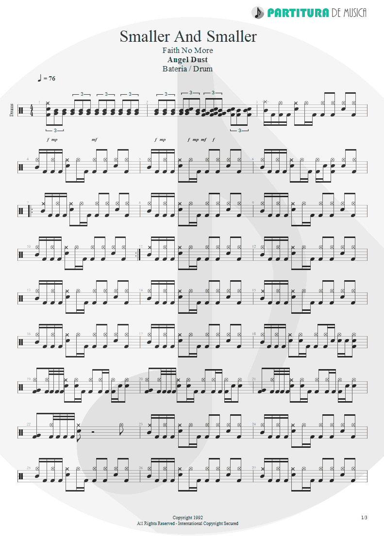 Partitura de musica de Bateria - Smaller And Smaller | Faith No More | Angel Dust 1992 - pag 1