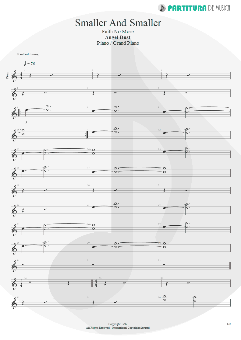 Partitura de musica de Piano - Smaller And Smaller | Faith No More | Angel Dust 1992 - pag 1