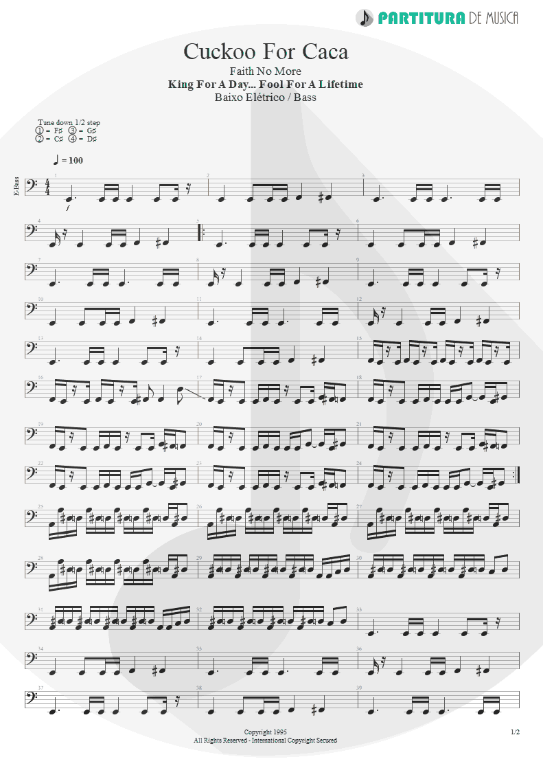 Partitura de musica de Baixo Elétrico - Cuckoo For Caca | Faith No More | King for a Day... Fool for a Lifetime 1995 - pag 1