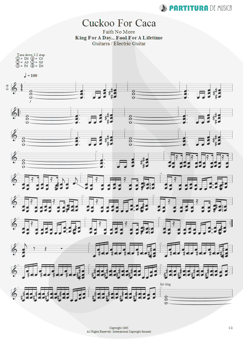 Partitura de musica de Guitarra Elétrica - Cuckoo For Caca | Faith No More | King for a Day... Fool for a Lifetime 1995 - pag 1