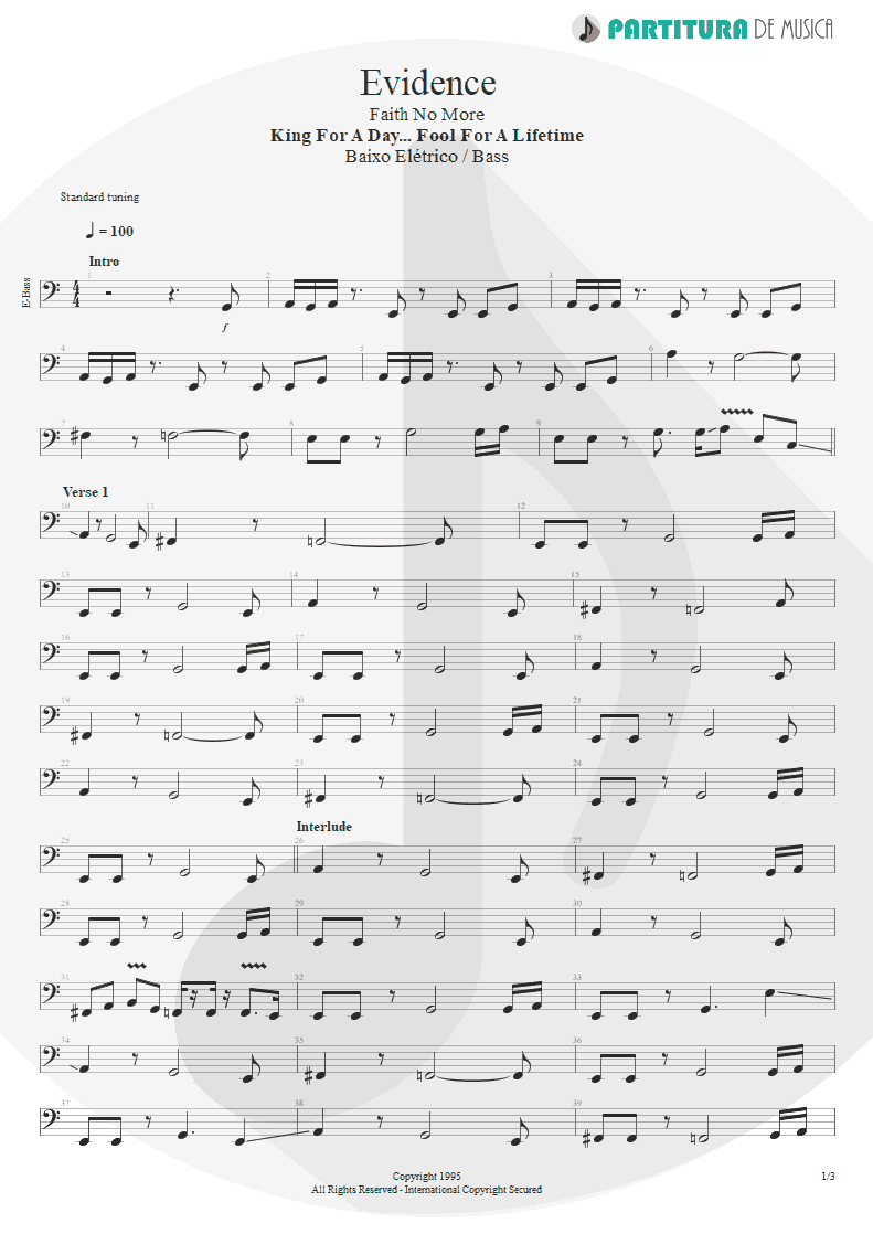 Partitura de musica de Baixo Elétrico - Evidence | Faith No More | King for a Day... Fool for a Lifetime 1995 - pag 1