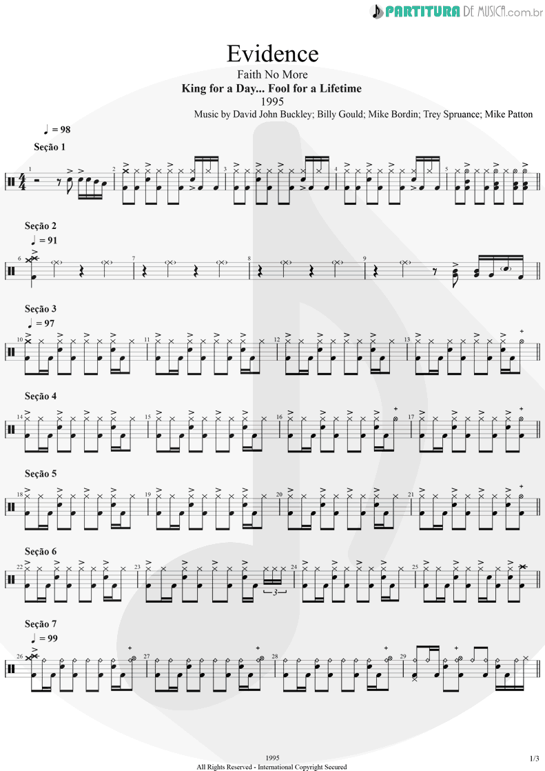 Partitura de musica de Bateria - Evidence | Faith No More | King for a Day... Fool for a Lifetime 1995 - pag 1