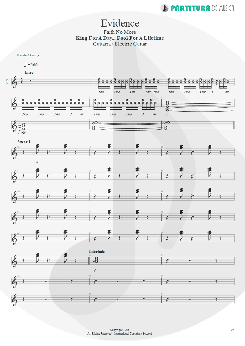 Partitura de musica de Guitarra Elétrica - Evidence | Faith No More | King for a Day... Fool for a Lifetime 1995 - pag 1