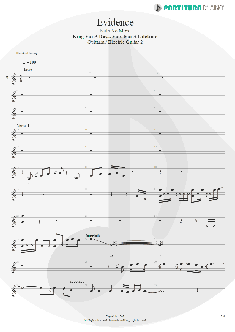 Partitura de musica de Guitarra Elétrica - Evidence | Faith No More | King for a Day... Fool for a Lifetime 1995 - pag 1